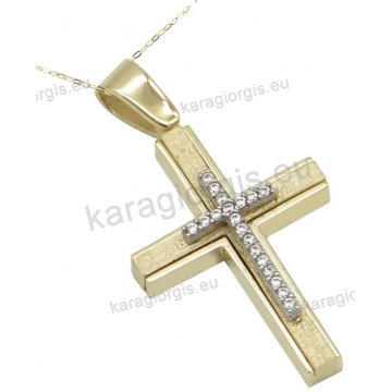 Βαπτιστικός σταυρός Κ14 για κορίτσι χρυσός δίχρωμος με αλυσίδα σε λουστρέ-ματ φινίρισμα με ένθετο λευκόχρυσο σταυρουδάκι με πέτρες ζιργκόν στο κέντρο.