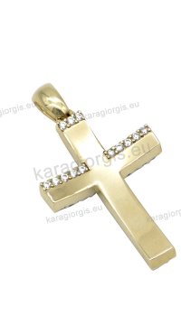 Σταυρός βάπτισης διπλής όψης για κορίτσι σε χρυσό Κ14 με πέτρες ζιργκόν σε λουστρέ φινίρισμα σε κοίλο σχήμα.