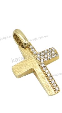 Σταυρός βάπτισης διπλής όψης για κορίτσι σε χρυσό Κ14 με πέτρες ζιργκόν στη μέση σε λουστρέ και σαγρέ φινίρισμα.