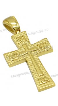 Βυζαντινός σταυρός διπλής όψης γυναικείος χρυσός ή βάπτισης σε Κ14 με άσπρη και πράσινες πέτρες ζιργκόν με ανάγλυφο στην πίσω πλευρά IC.XC.NI.KA.