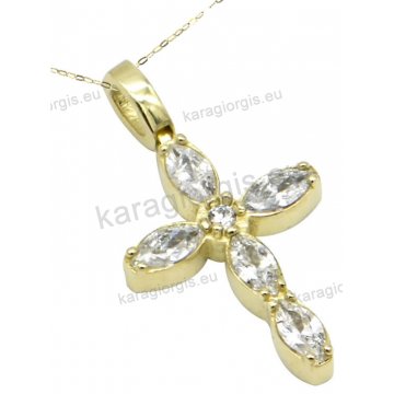 Χρυσός σταυρός γυναικείος σε Κ14 με λευκές στρογγυλες και πουάρ πέτρες ζιργκόν σε λουστρέ φινίρισμα.