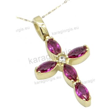 Χρυσός σταυρός γυναικείος σε Κ14 με λευκές στρογγυλες και κόκκινες πουάρ πέτρες ζιργκόν σε λουστρέ φινίρισμα.