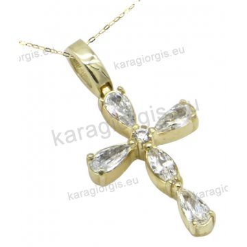 Χρυσός σταυρός γυναικείος σε Κ14 με λευκές στρογγυλες και πουάρ πέτρες ζιργκόν σε λουστρέ φινίρισμα.