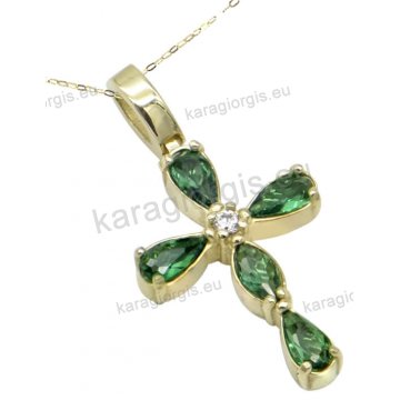 Χρυσός σταυρός γυναικείος σε Κ14 με λευκές στρογγυλες και πράσινες πουάρ πέτρες ζιργκόν σε λουστρέ φινίρισμα.
