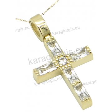 Χρυσός σταυρός γυναικείος σε Κ14 με λευκές παγιέτες πέτρες ζιργκόν σε λουστρέ φινίρισμα.
