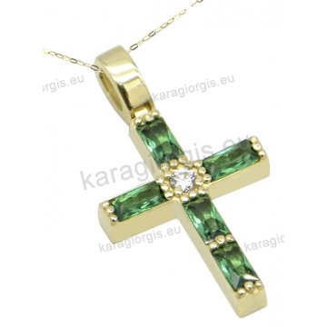 Χρυσός σταυρός γυναικείος σε Κ14 με πράσινες παγιέτες πέτρες ζιργκόν σε λουστρέ φινίρισμα.