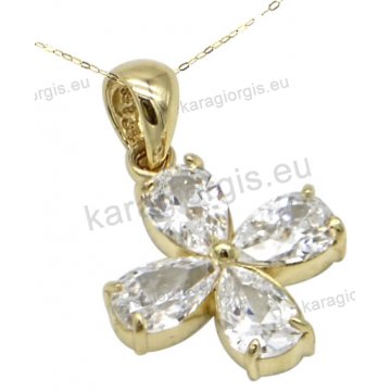 Χρυσός σταυρός γυναικείος σε Κ14 με λευκές πουάρ πέτρες ζιργκόν σε λουστρέ φινίρισμα.