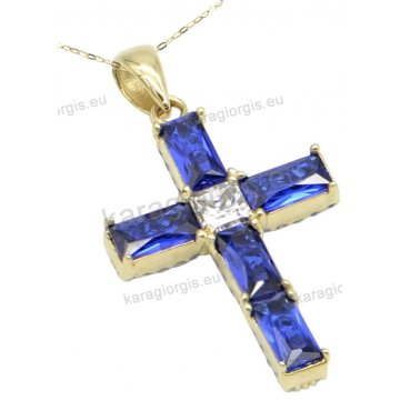 Χρυσός σταυρός γυναικείος σε Κ14 με μπλε παγιέτες πέτρες ζιργκόν σε λουστρέ φινίρισμα.