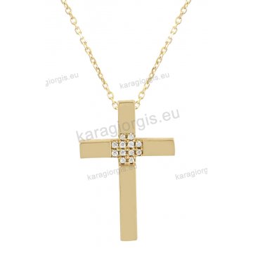 Γυναικείος σταυρός χρυσός με αλυσίδα Κ14 σε λουστρέ φινίρισμα με άσπρες πέτρες ζιργκόν.