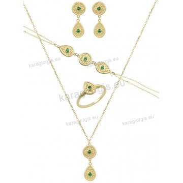 Σέτ κοσμημάτων σε βυζαντινό ύφος Κ14 με κολιέ, βραχιόλι, δαχτυλίδι και σκουλαρίκια με πράσινες πέτρες. 