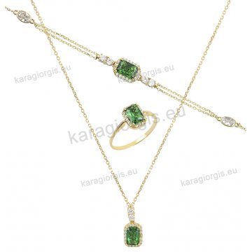 Σέτ κοσμημάτων Κ14 με κολιέ, βραχιόλι και δαχτυλίδι διπλής όψεως με πράσινες παγιέτες και άσπρες πέτρες ζιργκόν. 
