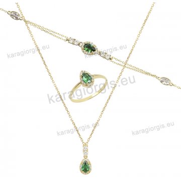 Σέτ κοσμημάτων Κ14 με κολιέ, βραχιόλι και δαχτυλίδι διπλής όψεως σε πράσινο πουάρ και άσπρες πέτρες ζιργκόν. 