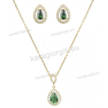 Σέτ κοσμημάτων χρυσό Κ14 με κολιέ και σκουλαρίκι με πουάρ πράσινο και άσπρες πέτρες ζιργκόν. 