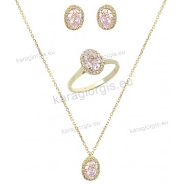 Σέτ κοσμημάτων χρυσό Κ14 με κολιέ, σκουλαρίκια και δαχτυλίδι σε οβάλ ροζ ροζέτα και άσπρες πέτρες ζιργκόν. 
