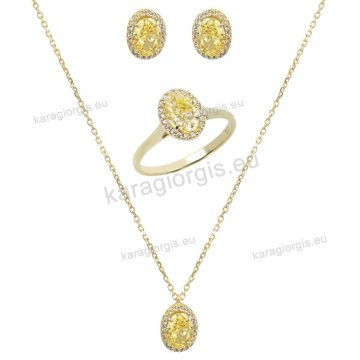 Σέτ κοσμημάτων χρυσό Κ14 με κολιέ, σκουλαρίκια και δαχτυλίδι σε οβάλ sintrin ροζέτα και άσπρες πέτρες ζιργκόν. 