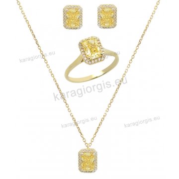 Σέτ κοσμημάτων χρυσό Κ14 με κολιέ, σκουλαρίκια και δαχτυλίδι σε παγιέτα sintrin και άσπρες πέτρες ζιργκόν. 