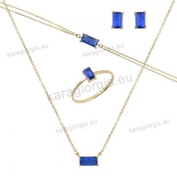 Χρυσό σετ κοσμημάτων Κ14 με κολιέ, βραχιόλι, σκουλαρίκι και δαχτυλίδι με μπλε παγιέτες.