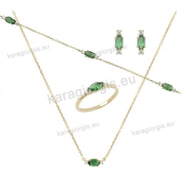 Χρυσό σετ κοσμημάτων Κ14 με κολιέ, βραχιόλι, σκουλαρίκι και δαχτυλίδι με πράσινες παγιέτες.