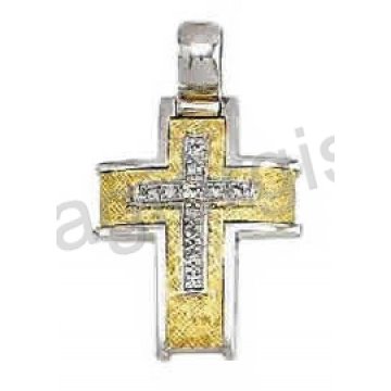 Βαπτιστικός σταυρός για κορίτσι δίχρωμος λευκόχρυσος με κίτρινο χρυσό σαγρέ φινίρισμα και άσπρες πέτρες ζιργκόν