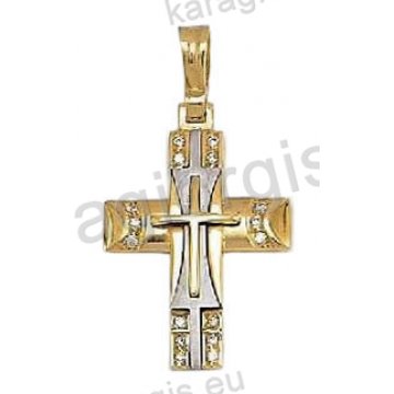 Βαπτιστικός σταυρός για κορίτσι χρυσός με άσπρες πέτρες ζιργκόν και λευκόχρυσο σε ματ φινίρισμα