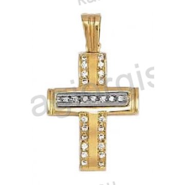 Βαπτιστικός σταυρός για κορίτσι σε ματ χρυσό Με δώρο την αλυσίδα με άσπρες πέτρες ζιργκόν και λευκόχρυσο σε ματ φινίρισμα