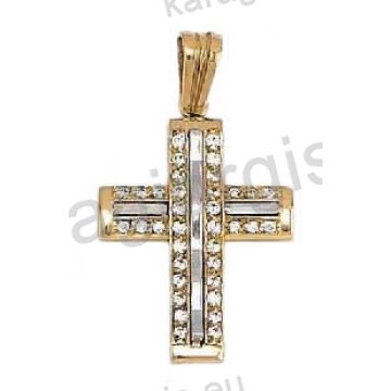 Βαπτιστικός σταυρός για κορίτσι χρυσός με άσπρες πέτρες ζιργκόν και λευκόχρυσο σε λουστρέ φινίρισμα Με δώρο την αλυσίδα