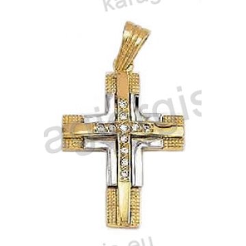 Βαπτιστικός σταυρός για κορίτσι χρυσός με σκαλίσματα με άσπρες πέτρες ζιργκόν και λευκόχρυσο σε λουστρέ φινίρισμα