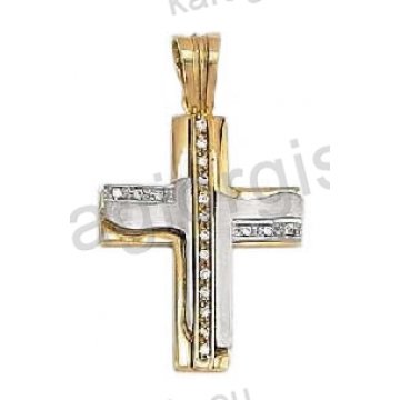 Βαπτιστικός σταυρός για κορίτσι χρυσός με άσπρες πέτρες ζιργκόν και λευκόχρυσο σε ματ φινίρισμα