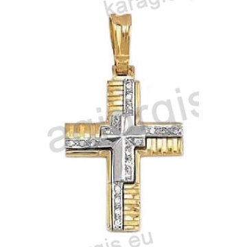 Βαπτιστικός σταυρός για κορίτσι χρυσός με σκαλίσματα με άσπρες πέτρες ζιργκόν και λευκόχρυσο σε λουστρέ φινίρισμα