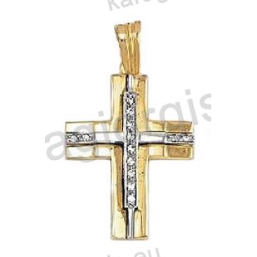 Βαπτιστικός σταυρός για κορίτσι χρυσός με άσπρες πέτρες ζιργκόν και λευκόχρυσο σε λουστρέ φινίρισμα