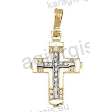 Βαπτιστικός σταυρός για κορίτσι χρυσός Με δώρο την αλυσίδα με άσπρες πέτρες ζιργκόν και λευκόχρυσο σε λουστρέ φινίρισμα