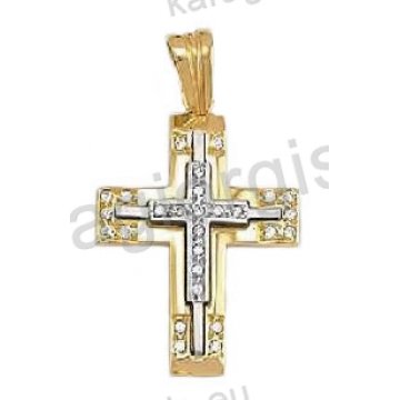 Βαπτιστικός σταυρός για κορίτσι χρυσός με άσπρες πέτρες ζιργκόν και λευκόχρυσο σε λουστρέ φινίρισμα Με δώρο την αλυσίδα