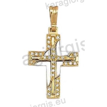 Βαπτιστικός σταυρός για κορίτσι χρυσός με άσπρες πέτρες ζιργκόν και λευκόχρυσο σε λουστρέ φινίρισμα