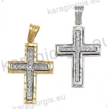 Βαπτιστικός σταυρός για κορίτσι διπλής όψεως χρυσός με σκαλίσματα με άσπρες πέτρες ζιργκόν και λευκόχρυσο σε λουστρέ φινίρισμα