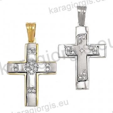 Βαπτιστικός σταυρός για κορίτσι διπλής όψεως χρυσός με άσπρες πέτρες ζιργκόν και λευκόχρυσο σε λουστρέ φινίρισμα