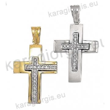 Βαπτιστικός σταυρός για κορίτσι διπλής όψεως χρυσός με άσπρες πέτρες ζιργκόν και λευκόχρυσο σε λουστρέ φινίρισμα