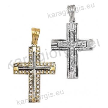 Βαπτιστικός σταυρός για κορίτσι διπλής όψεως χρυσός με σκαλίσματα με άσπρες πέτρες ζιργκόν και λευκόχρυσο σε λουστρέ φινίρισμα