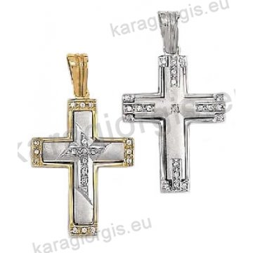 Βαπτιστικός σταυρός για κορίτσι διπλής όψεως χρυσός με άσπρες πέτρες ζιργκόν και λευκόχρυσο σε ματ φινίρισμα