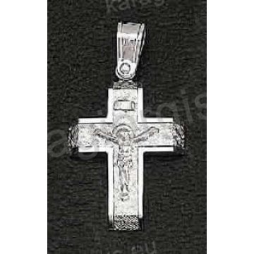 Βαπτιστικός σταυρός λευκόχρυσος για αγόρι με εσταυρωμένο σαγρέ και λουστρέ φινίρισμα