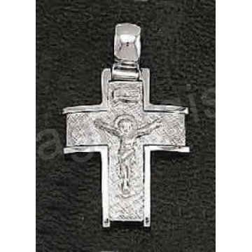 Βαπτιστικός σταυρός λευκόχρυσος για αγόρι με εσταυρωμένο σαγρέ και λουστρέ φινίρισμα