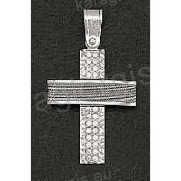 Βαπτιστικός σταυρός λευκόχρυσος για κορίτσι με άσπρες πέτρες ζιργκόν με λευκόχρυσο σύρμα δεμένο στο χέρι