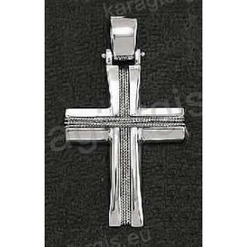 Βαπτιστικός σταυρός λευκόχρυσος για αγόρι με λευκόχρυσο σύρμα δεμένο στο χέρι και λουστρέ φινίρισμα