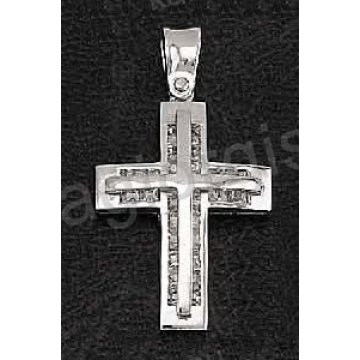 Βαπτιστικός σταυρός λευκόχρυσος για κορίτσι με άσπρες μπαγιέτες πέτρες ζιργκόν και λουστρέ φινίρισμα