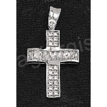 Βαπτιστικός σταυρός λευκόχρυσος για κορίτσι Με δώρο την αλυσίδα με άσπρες μπαγιέτες πέτρες ζιργκόν και λουστρέ φινίρισμα