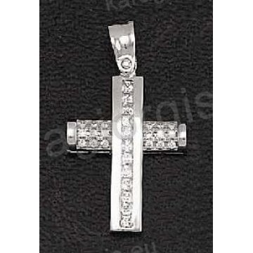 Βαπτιστικός σταυρός λευκόχρυσος για κορίτσι με άσπρες μπαγιέτες πέτρες ζιργκόν και λουστρέ φινίρισμα