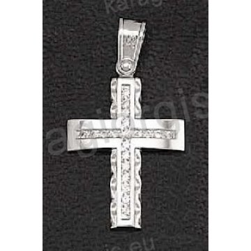 Βαπτιστικός σταυρός λευκόχρυσος για κορίτσι με άσπρες πέτρες ζιργκόν με λουστρέ και σαγρέ φινίρισμα