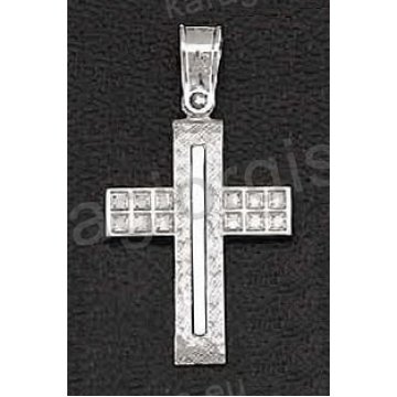 Βαπτιστικός σταυρός λευκόχρυσος για κορίτσι με άσπρες πέτρες ζιργκόν με λουστρέ και σαγρέ φινίρισμα