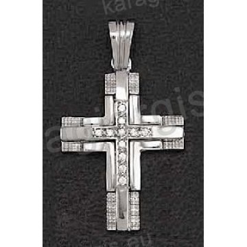 Βαπτιστικός σταυρός λευκόχρυσος για κορίτσι με άσπρες πέτρες ζιργκόν με λουστρέ φινίρισμα και σκαλίσματα