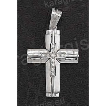 Βαπτιστικός σταυρός λευκόχρυσος για κορίτσι με άσπρες πέτρες ζιργκόν με λουστρέ και ματ φινίρισμα