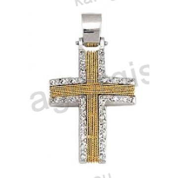 Βαπτιστικός σταυρός για κορίτσι λευκόχρυσος με χειροποίητο χρυσό σύρμα και άσπρες πέτρες ζιργκόν